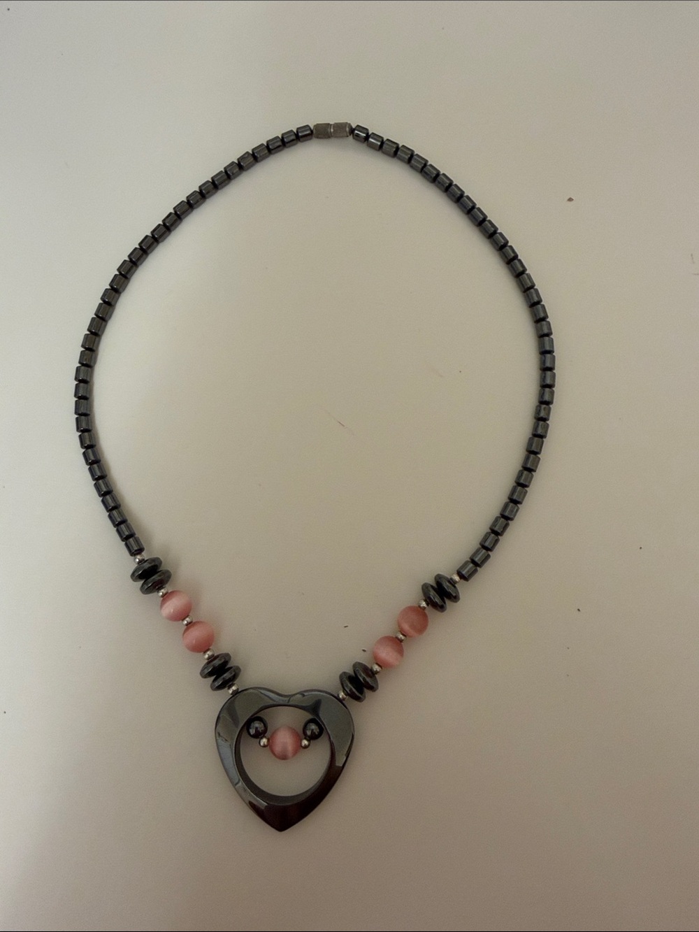 Women's Pink Bead Hematite Heart Necklace
